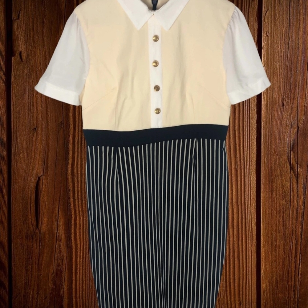 Vintage Vesper Two-Tone Collared Midi Dress in Cream, White & Black